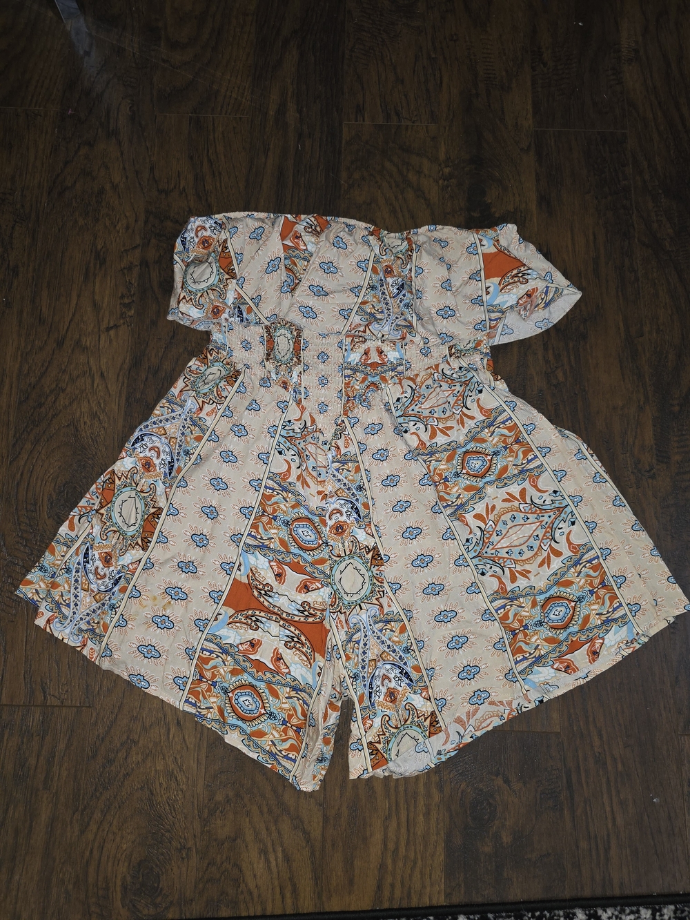 Strapless Boho Print Romper in Beige - Picture 2 of 6